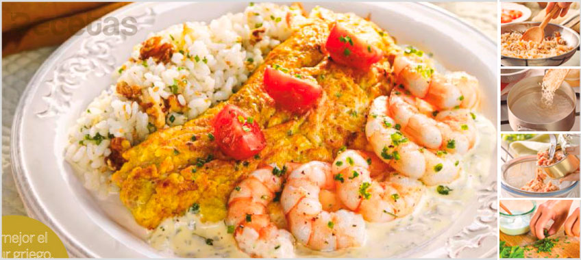 Tortilla de huevo con arroz y langostinos
